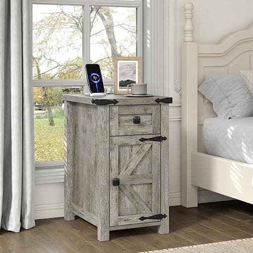 Furnihold Farmhouse Nightstand Set of 2, 13.8''W Rustic Wood End Table with Charging Station, Narrow Side Table with Storage Drawer for Living Room Bedroom, Oak Grey thumbnail 4