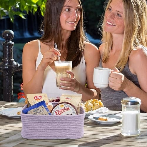 XUANGUO Small Woven Storage Baskets for Shelves, 12" x 8" x 5", Purple | Decorative rope storage bins for closets and toy storage; cute organizer baskets, empty gift baskets and nursery storage. thumbnail 6