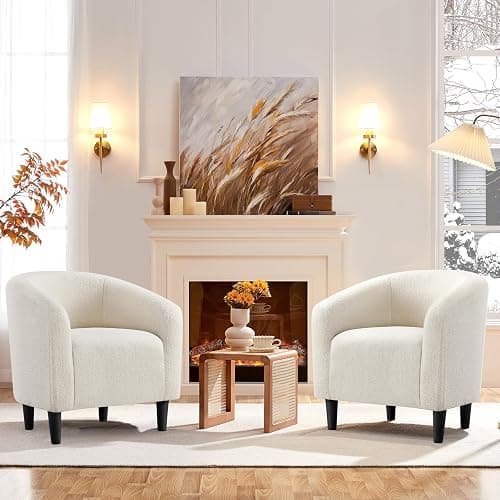 Yaheetech Accent Barrel Chair, Boucle Fabric Club Chair, Furry Sherpa Elegant Armchair with Cozy Soft Padded, Suitable for Living Room Bedroom Reception Room Office, Ivory thumbnail 2