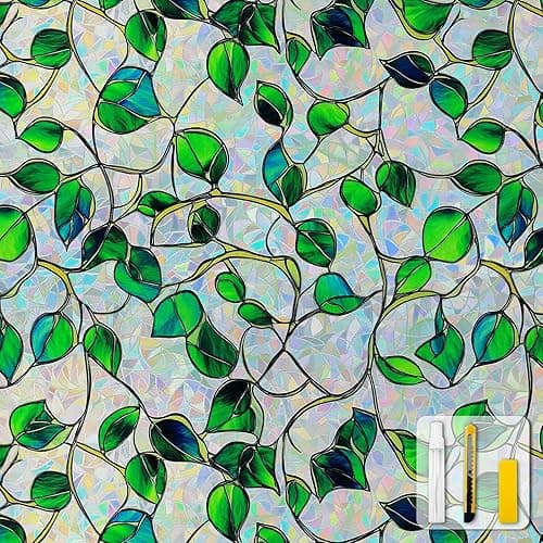 Window Privacy Film Stained Glass Decorative Static Clings Rainbow Window Tint for Home Room Decor Bathroom Door Car Stickers with Iridescent Effect, Removable(Blue & Green pothos Botanical) - Green&blue - 17.5*78.5