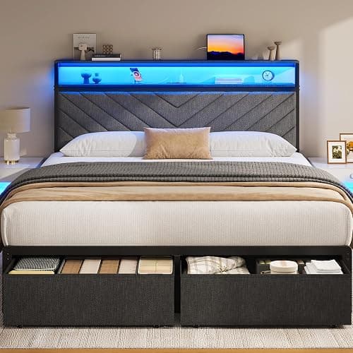Fluest Queen Bed Frame with Storage Drawers, Upholstered Headboard with Charging Station, LED Lights, Fabric Drawers with Wheels, Under Bed Storage, No Box Spring Needed, Easy Assembly, Grey thumbnail 6