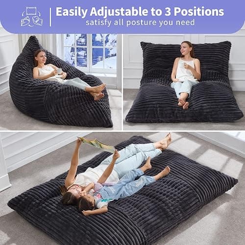 Hobestluk 3 in 1 Bean Bag Chair Giant Bean Bag Chairs Convertible Bean Bag Floor Cushion with Machine Washable Cover, Beanbag Chairs for Adult (Dark Grey) thumbnail 3