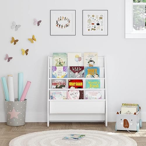 UTEX Kids Bookshelf Storage, Book Shelf for Kids Rooms, 4 Tier Sling Toddler Bookshelf, Magazine Book Rack, Children Book Organizer, White thumbnail 4