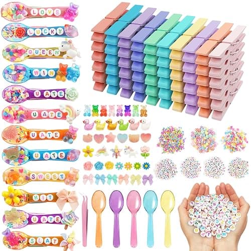 Fayoo 50 Pack DIY Cheer Pin Kit - 50 pcs Wooden Clothes Pins, U ATE Beads, Cheer Spoons and Charms for Pep Rally Cheerleader Gifts Team Spirit Gifts for Sports, Volleyball (Macaron Color) - Image 1