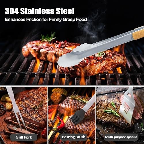 Christmas Dad Gifts from Daughter Heavy Duty Wooden BBQ Grilling Accessories Kit for Backyard, Thick Stainless Steel Grill Utensils with Non-Slip Handle Tools in Portable Bag Birthday thumbnail 5