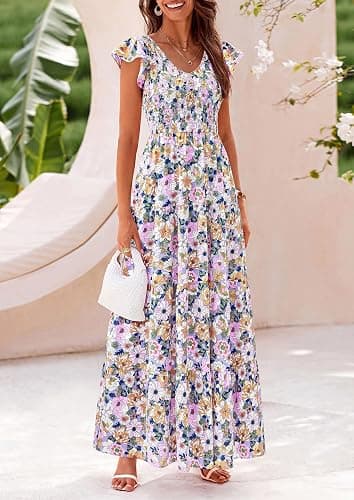 PRETTYGARDEN Women's Summer Flowy Maxi Dress Casual Cap Sleeve V Neck Smocked Beach Sundress thumbnail 3