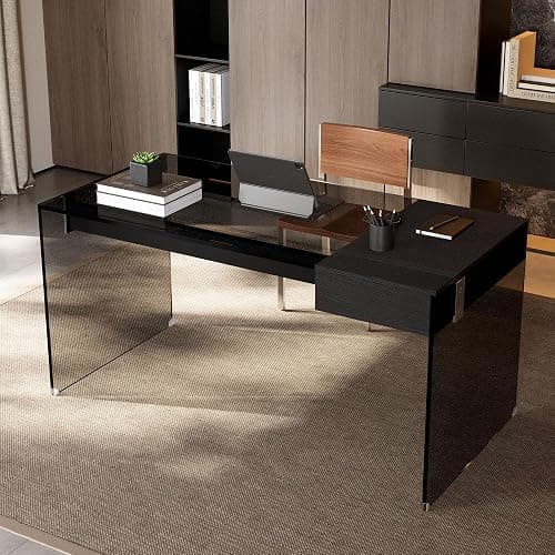 NessCarsti 53.14" Modern Glass Office Desk with Drawer for Home Office | Black Clear Computer Desk with Tempered Glass Tabletop & Legs, Minimalist Stylish Executive Table for Bedroom - Image 1