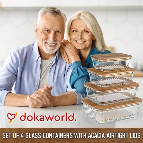 dokaworld Ribbed Glass 4 Stackable Meal Prep Containers with Acacia Lids | Lunch, Meal & Food Prep - Microwave & Oven Safe BPA Free Durable Heat Resistant Inert Borosilicate Glass thumbnail 9