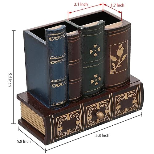 MyGift Decorative Desk Organizer Caddy, Pencil and Pen Holder with Bottom Storage Drawer and Antique Library Books Design thumbnail 3