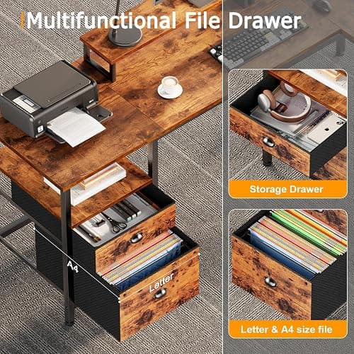 Furologee 66” L Shaped Desk with Power Outlet, Reversible Computer Gaming Desk with File Drawer & 2 Monitor Stands for Home Office with Storage Shelves, Rustic Brown thumbnail 6