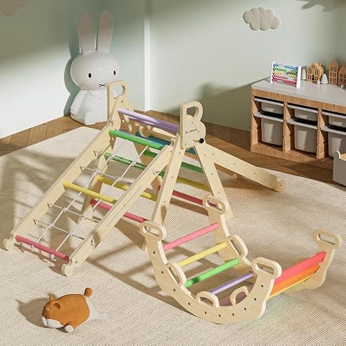 BlueWood 2024 8-in-1 Pikler Triangle Climbing Set Toddler Toys Indoor Baby Jungle Gym Climber Playground for Kids - Rainbow - Upgraded - Rainbow - 8 in 1 thumbnail 2