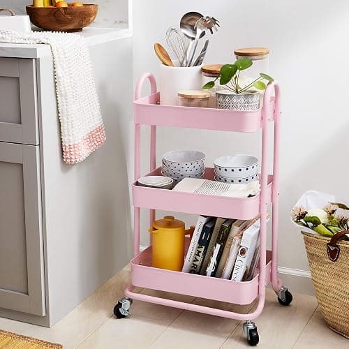 Amazon Basics 3-Tier Rolling Utility or Kitchen Cart, Lockable Wheels, Multifunctional Storage, Dusty Pink thumbnail 2