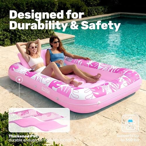 SLOOSH Inflatable Tanning Pool Lounger Float, 85" x 57" Extra Large Pool Floats Adult with Pillow, 4 in 1 Suntan Tub Raft Floatie,Sunbathing Bed Lounge for Water Blow Up Ball Pit, XL-Blushing Pink thumbnail 5