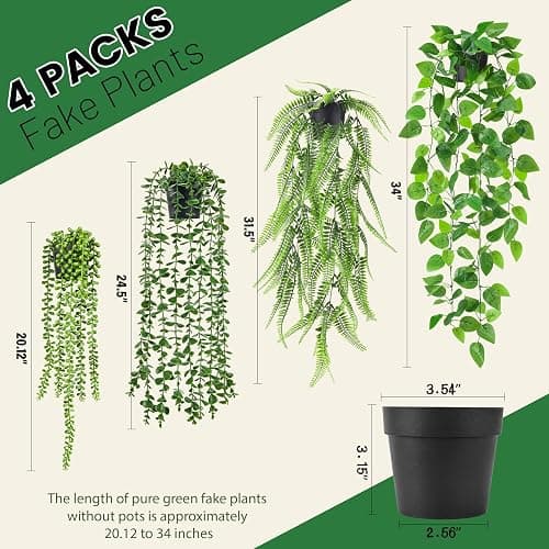 Der Rose 4Pcs Fake Plants Hanging Artificial Ivy Vine Faux Eucalyptus Hanging Plants, Boston Fern, String of Pearls for Living Room Bedroom Boho Wall Shelf Indoor Outdoor Decor thumbnail 3