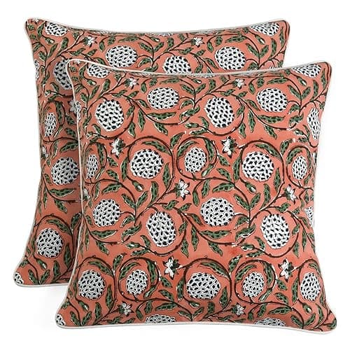 Ridhi Dark Salmon Pink Block Print Cotton Canvas Throw Pillow Covers for Decorative Couch Pillows for Living Room, Chic Boho Cute Outdoor Valentine Pillows Covers Gifts 18x18 Inches - 18" x 18" (Pack of 2) - Dark Salmon Pink