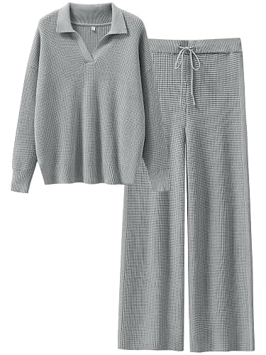 ANRABESS Women Two Piece Outfits Sweater Sets Lounge Waffle Knit Pullover Matching Wide Leg Pants Tracksuit 2025 Fall Fashion - Image 1