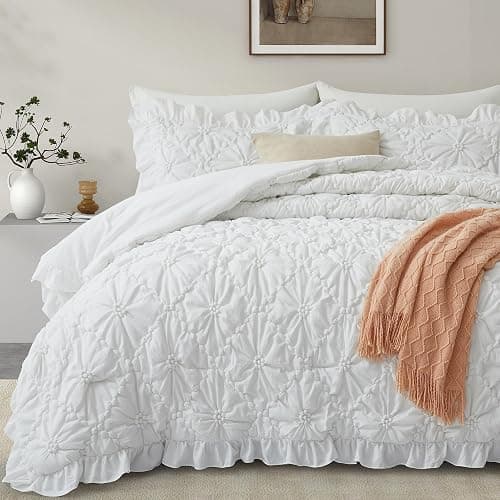 BEDAZZLED Queen Size Comforter Sets, White Bedding Comforter Set, 3 Pieces Pinch Pleat Bedding Sets with Comforter and Pillowcases Soft Farmhouse Shabby Chic Comforter for All Season - Image 1