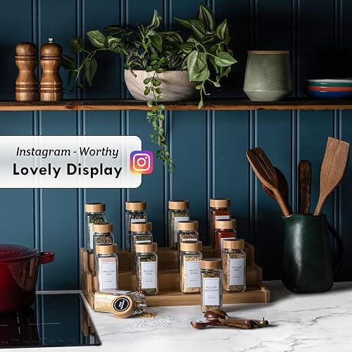 Set of 24 Glass Spice Jars with Various Labels, Bamboo Shaker Lids & Funnel, Kitchen Storage Jars with Airtight Lid, Spices & Seasonings Sets Organizer, Spice Containers, Glass Jar Food Canister thumbnail 4