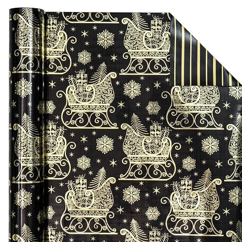 WRAPAHOLIC Reversible Black and Gold Christmas Wrapping Paper - Mini Roll - 17 Inch x 33 Feet - Black Gold Sleigh and Stripe Wrapping Paper with Metallic Foil Shine for Christmas, Holiday, Party thumbnail 3
