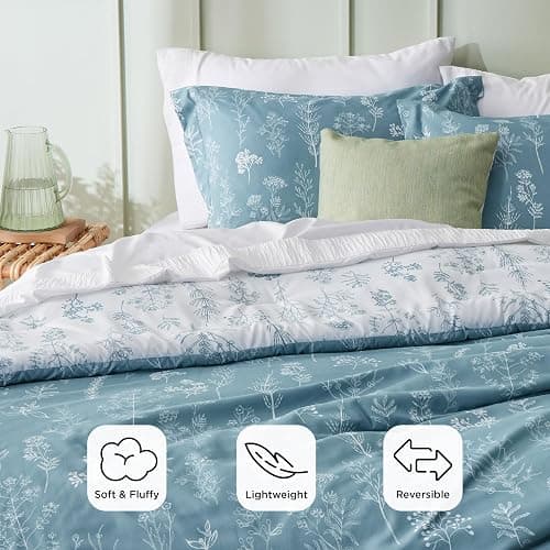 Bedsure Queen Comforter Set - Mineral Blue Bed Set, 3 Pieces Cute Floral Bedding, 1 Soft Reversible Botanical Flowers Comforter and 2 Pillow Shams thumbnail 3