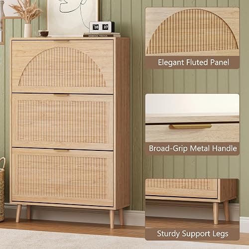 BORNOON Shoe Cabinet for Entryway with 3 Flip Drawers, Slim Wooden Shoe Storage Organizer with Modern Fluted Pannel，Freestanding Narrow Hidden Shoe Rack for Hallway, Foyer, Living Room thumbnail 5