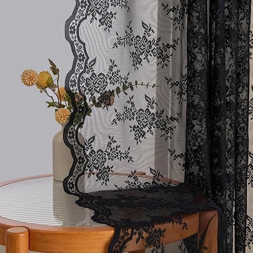 MYSKY HOME Vorhang aus Spitze Blumen Bestickte Spitzengardinen, Vorhänge mit Kräuselband Transparent Gardinen 2er Set, Modern Dekoschal für Wohnzimmer Schlafzimmer, Schwarz, H 245 x B 140 cm. - Image 1
