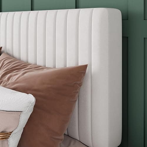 Allewie Queen Bed Frame, Velvet Upholstered Platform Bed with Adjustable Vertical Channel Tufted Headboard, Mattress Foundation with Strong Wooden Slats, Box Spring Optional, Easy Assembly, White thumbnail 4