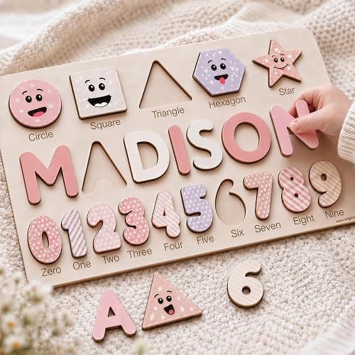 Zuzu Wooden Personalized Letter, Number and Shape Puzzle - 12 Options | First Birthday Gift for Toddlers Boys and Girls | Heirloom Keepsake thumbnail 3