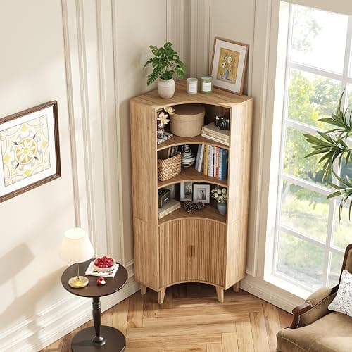 Vudanfe Tall Corner Cabinet with Fluted Doors, 5-Tier Coffee Bar Cabinet with Storage, Narrow Storage Cabinets with Adjustable Shelves, Bathroom Organizers and Storage for Small Space, Natural thumbnail 5