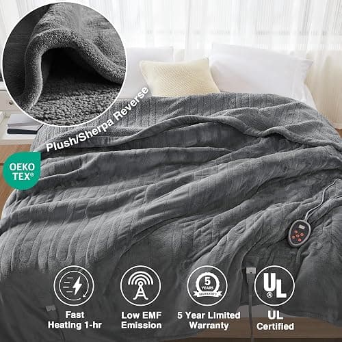 Beautyrest Heated Blanket, Electric Blanket, Soft, Warm, Reversible Plush - Sherpa Heating Blanket with 20 Heat Settings, 1-10 hrs Timer Auto Shut Off, Machine Washable, Full (84 inx80 in), Grey thumbnail 6