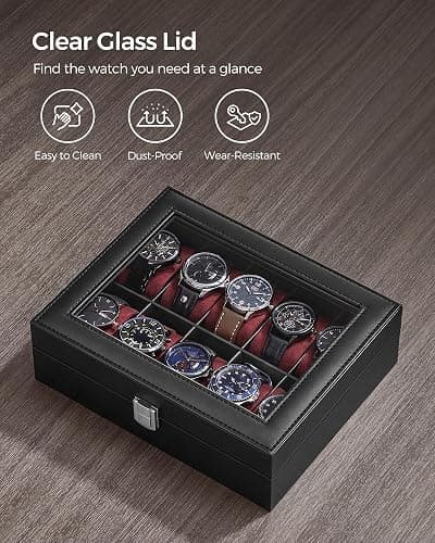 SONGMICS Watch Box, 10-Slot Watch Case Organizer with Large Glass Lid, Removable Pillows, Christmas Gift, Black Synthetic Leather, Wine Red Lining UJWB010R01 thumbnail 6