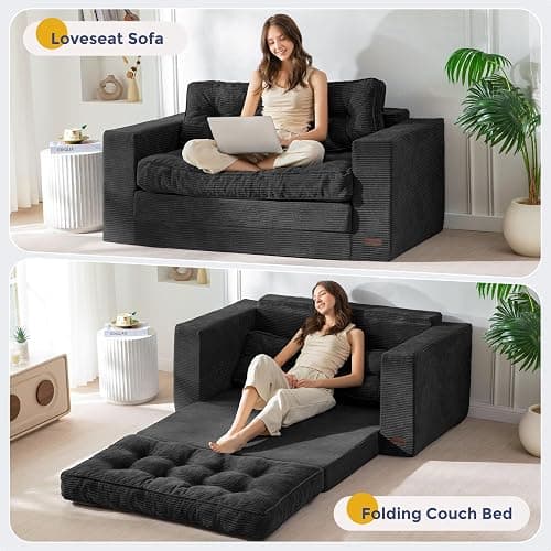 MAXYOYO Folding Sofa Bed, Convertible Sleeper Loveseat with Pillows | 2-Person Fold-Out Loveseat, Convertible Sleeper Bed with Supportive Pillows for Relaxing or Overnight Guests, Black thumbnail 4