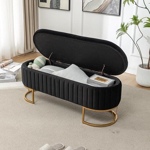DRKAT Storage Bench Bedroom Bench, Velvet Oval Upholstered End of Bed Bench with Golden Metal Legs, 46” Modern Storage Ottoman Bench for Bedroom, Living Room, Entryway, Window, Black - Black - No button tufted thumbnail 7