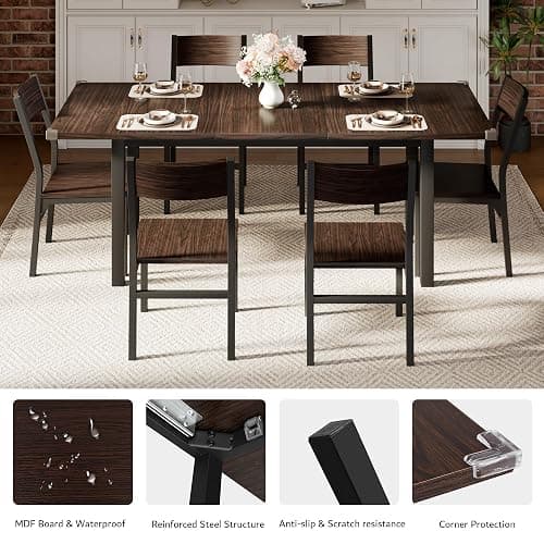 iPormis 7 Pieces Dining Table & Chairs Set for 4-6, 63" Extendable Kitchen Table and 6 Chairs, Dining Room Table with MDF Board & Metal Frame, Perfect for Small Space, Easy Clean, Espresso thumbnail 6