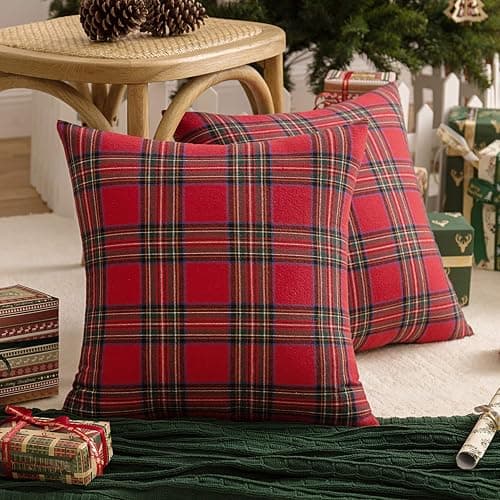 AQOTHES Pack of 2 Christmas Plaid Decorative Throw Pillow Covers Scottish Tartan Cushion Case for Farmhouse Home Holiday Decor Red and Green, 18 x 18 Inches - Image 1
