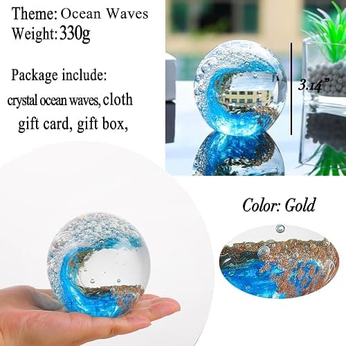 Enjinkail Hand Blown Ocean Waves Crystal Ball - Glass Collectible Figurines Spere - Paperweight Glass Ball Aquarium DecorOffice Decor Ocean Lovers thumbnail 3