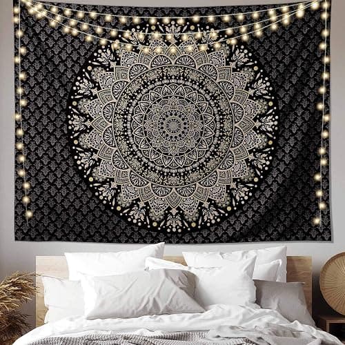 Edeesky Black Golden Mandala Tapestry Wall Hanging Psychedelic Medallion Wall Tapestry Aesthetic Indian Hippie Decor Bohemian Wall Art Boho Home Decoration Blanket for Bedroom,Living Room,Dorm thumbnail 3