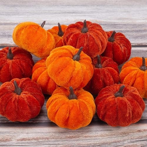 VGIA 12 Pcs Artificial Pumpkins Orange Velvet Pumpkins Fall Decorations Holiday Farmhouse Decorations Thanksgiving Decorations for Home and Tabletop thumbnail 2