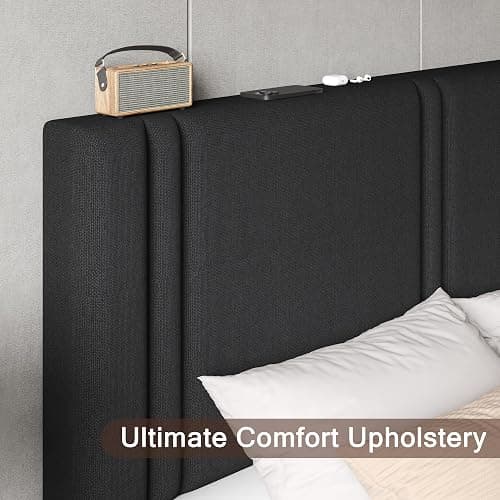 Einhomn Upholstered Queen Size Bed Frame with Linen Fabric Headboard, Strong Wooden Slats Support, Noise Free, No Box Spring Needed, Black thumbnail 4