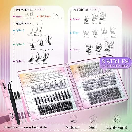 CORUSCATE Natural Lash Clusters Kit with Spikes 8 Styles Mix Lash Extension Kit DIY Individual Lashes Wispy with Bottom Lashes Cluster Eyelash Extensions Lash Clusters Glue Customizable Home-Salon Kit thumbnail 2