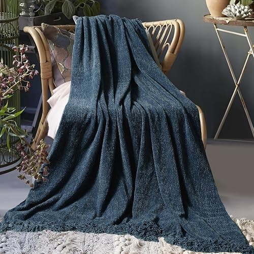 LONG CREATE Chenille Throw Blanket for Couch 50"X 60", Soft Cozy Throws with Fringe Tassel for Bed Sofa Chair Cover, Lightweight Knitted Decorative Boho Blankets for Living Room, Navy Blue thumbnail 2