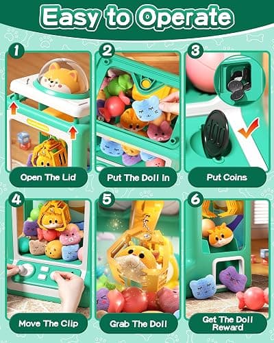 Claw Machine for Kids, Mini Vending With Game Coins & Music, Prize Dispenser Toys for Girls and Boys, Electronic Claw Game for Party Birthdays, Includes 30 Mini Toys (Doggy Green) thumbnail 6