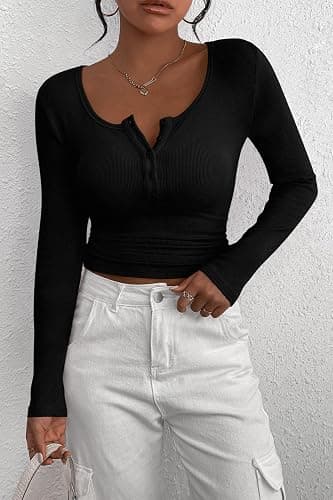 PRETTYGARDEN Women's Fall Long Sleeve Henley T Shirts | Soft Ribbed Knit, Button Up, Slim Fitted, Layering Tops, Plain Basic Tee, Trendy Casual, Spring Outfits, Fashion Clothing thumbnail 6