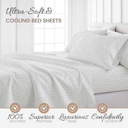 Linen Market Double-Brushed Patterned Microfiber Full Sheet Set 4 Piece – Oeko-TEX Certified Ultra Soft & Wrinkle-Free - 16" Deep Pocket Sheets - Easy Care Full Size - Spotted Leaves Light Gray thumbnail 3