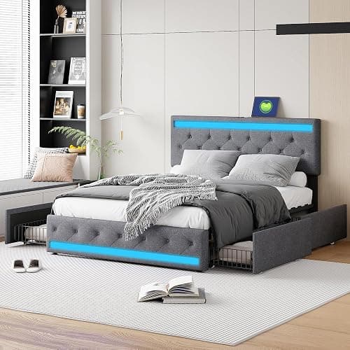 Aneutr Lit 140x200 avec sommier LED et Charge USB Type C, LIt Double rembourré avec 4 Tiroirs, Lit Coffre avec Tête de Lit Rembourrée Ajustable, Lits 2 Personnes, Facile à Assembler,Lin thumbnail 8