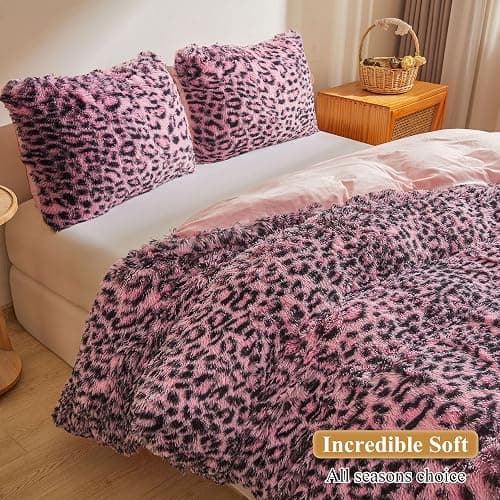 XeGe Cheetah Print Faux Fur Fluffy Pillowcases, Plush Shaggy Soft Long Pillow Covers, Fuzzy Leopard Print Pillow Cases, Furry Pillow Shams with Zipper for Bed Couch, 2 Pack(Standard, Black and Pink) thumbnail 5