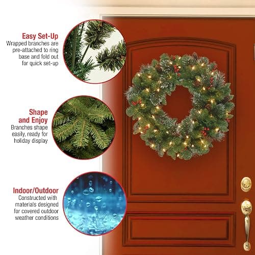 National Tree Company Pre-Lit Artificial Christmas Wreath, Green, Carolina Pine, White Lights, Decorated with Pine Cones and Glitter, Berry Clusters, Christmas Collection, 30 Inches | 70 Clear Lights, 200 Tips, Artificial Christmas Decoration With Glitter, Pinecones, Red Berries, Green thumbnail 4