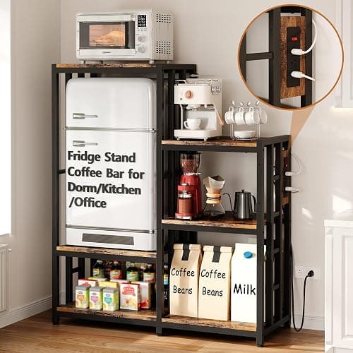 Mini Fridge Stand Coffee Bar Cabinet Station With Small Refrigerator Insert Storage Space, Shelf Organizer For Dorm Microwave To Sit On, Baker Rack With Power Outlet, Big Table To Go Over Hide Fridge - Image 1