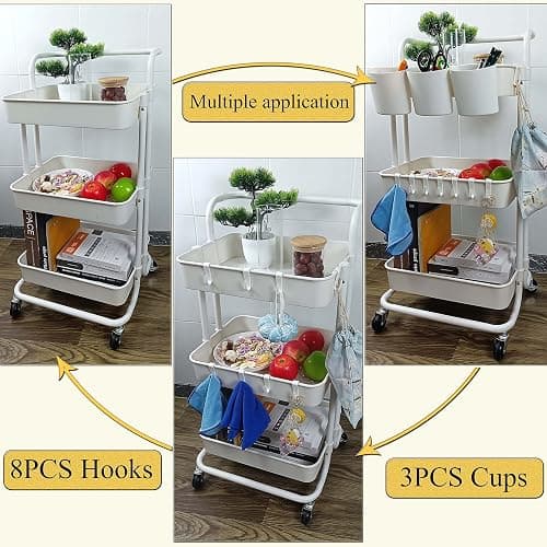 Freletry 3 Tier Rolling Utility Cart Multifunction Storage Organizer Shelf Rack with Lockable Wheels 3PCS Cups and 8PCS Hooks for Home Office Kitchen Bathroom Store (White) thumbnail 3