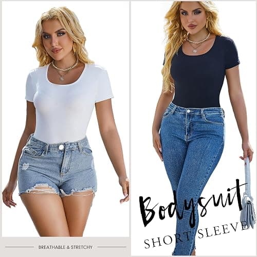 Chongbaijia 5 Pack Short Sleeve Bodysuits for Women Square Neck Casual Stretchy Basic Body Suits Tops T Shirts thumbnail 4